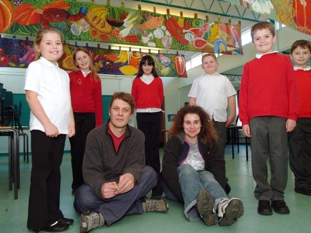 Pupils at Northfield Primary School joined artists Jonathan Annable and Emma Gladwin, of Contemporary Fine Arts in Kirkby, to create artwork for the school's dining room based on a healthy eating theme. Photo from 2006.