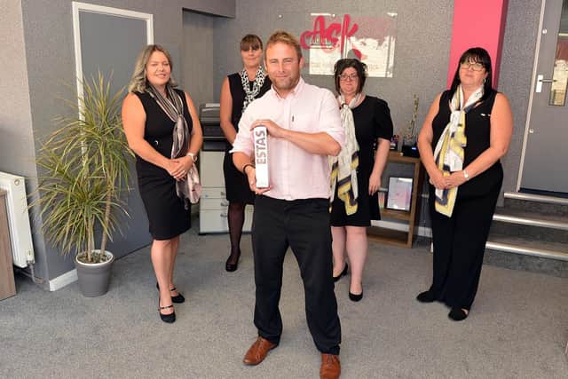 ASK Estate Agents in Mansfield Town Centre. Have won first prize in UK wide ESTAS. Directors Kelly Statam , Kevin Statham with staff Iesha Wragg, Elsa Peat and Terrina Wheat.