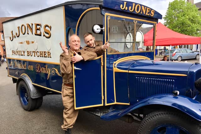 David Benson and Jack Lane with Lance Corporal Jones's butcher's van
