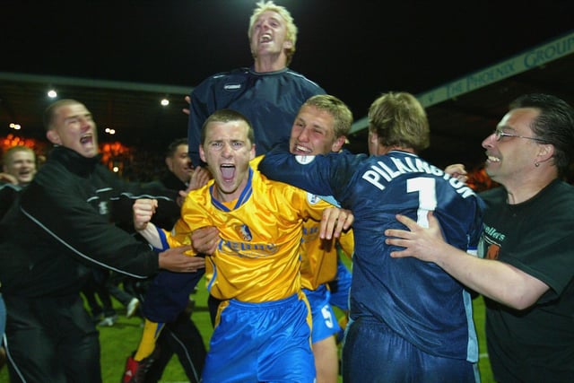 Sheer delight for Colin Larkin of Mansfield after scoring the winning penalty.
