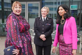 Home Secretary Suella Braverman MP with Nottinghamshire PCC Caroline Henry and Chief Constable Kate Meynell