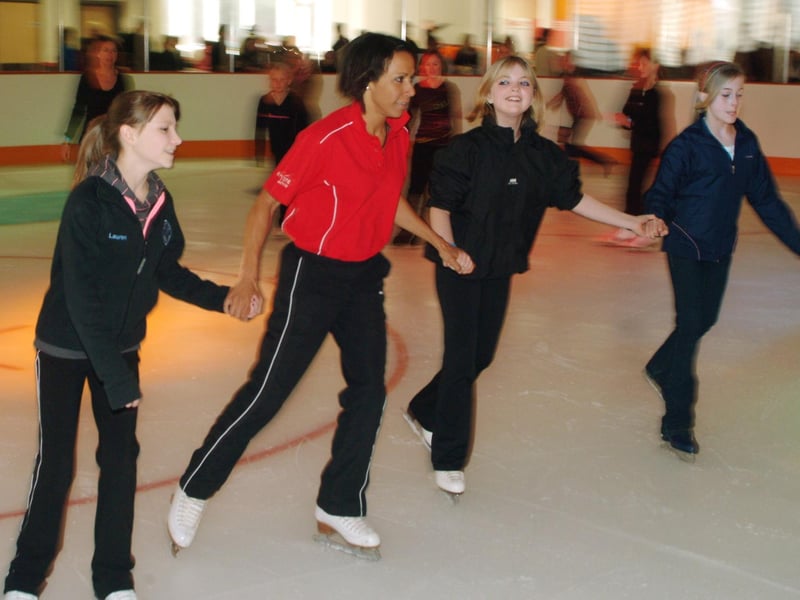 In 2008, Kelly Holmes visited Sutton to open Lammas Leisure Centre and ventured out on the ice with Sutton youngsters, from the left; Lauren Nazaruk, Kelly Holmes, Alanya Radford, and Laisie-Mai Radford.