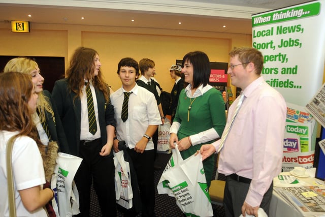 Pupils from Brunts school speaking to the Editor of the Chad Tracy Powell and Stephen Thirkill at a careers event at the Civic centre in 2011