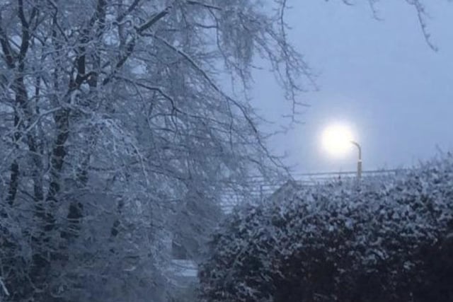 A haunting serene scene of a streelight shining prominently amongst a bay of whites and blues as Newton Mearns in East Renfrewshire was covered in a blanket of snow (Photo: Raymond Brown).