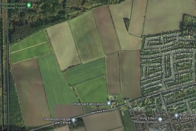 Satellite image from Google map showing the area where 60 houses could be built on land by Mansfield Road, at Edwinstowe
