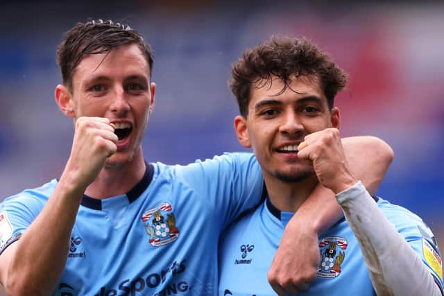 Coventry's ex-Stag Tyler Walker (right) celebrates after scoring their team's sixth goal with Matthew James during their Sky Bet Championship match against Millwall last month.