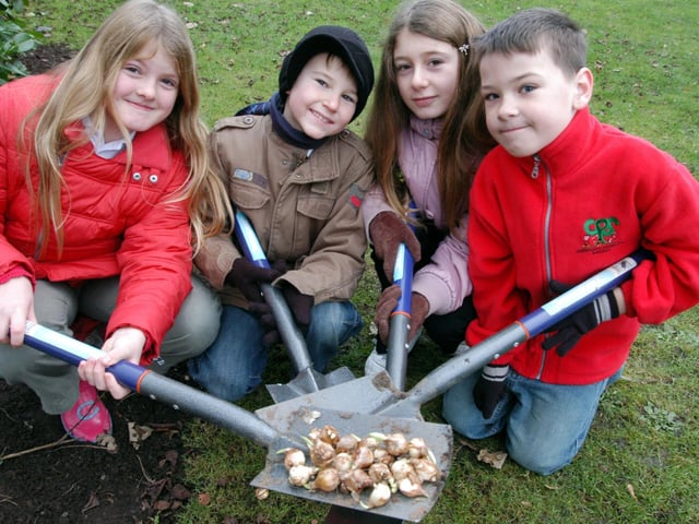 Pupils from Croft Prim school Sutton planted bulbs on Sutton Law. From the left - Charley Hallam, Liam Best, Natalie Hodgkinson and Michael Steel. 2007.