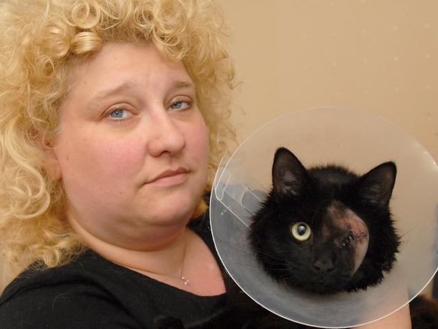 Huthwaite. Tina Wynne and her cat Pepi who lost an eye when he was shot with a pellet back in 2009.