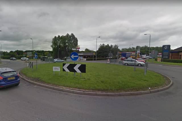 The roundabout at the junction of Blyth Road and Ollerton Road.