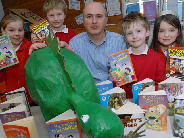 Children's author Ian McDonald visited Pleasley's Farmilo Primary and Nursery School on Wednesday for a series of story sessions and writing workshop's with pupils. 2011.