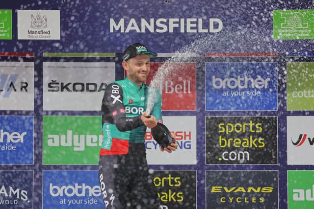 Belgian Jordi Meeus celebrated victory in Mansfield after the Nottinghamshire leg of the Tour Of Britain cycle race.