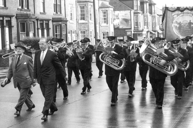The Mayor of South Shields, Ald R Dodds and Ald Jones, both miners at Harton Colliery, march in front of Harton Colliery band on the way to Tyne Dock railway station to go to Durham Miners Gala.