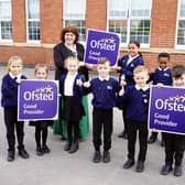 Samuel Barlow Primary Academy good Ofsted. Principal Sarah Kahler with school council and sports leaders.