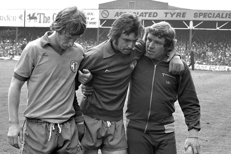 Keeper Rod Arnold is led off the field at Wrexham in May 1977. The inspirational shot-stopper, who was named Chad Readers’ Player of the Year that year, was knocked out right on the half-time whistle and remembers nothing of the second half of that famous win.