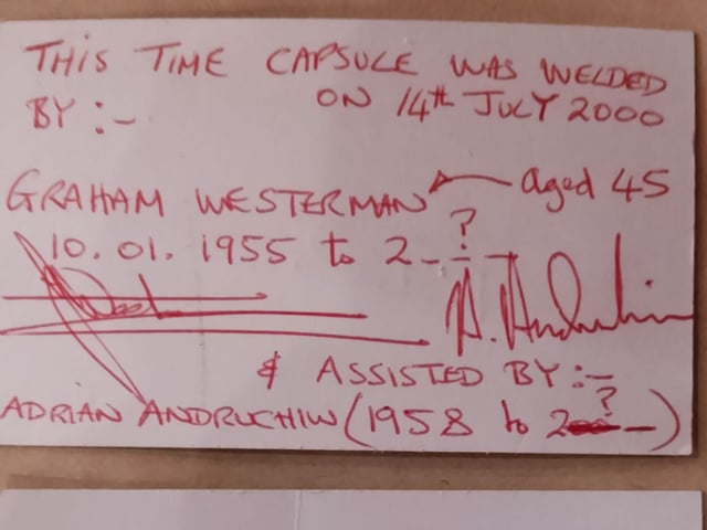 A note found in the capsule from the people who welded it closed back in 2000.