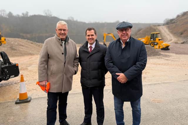 MPs Lee Anderson & Robert Jenrick, and Council Leader Mick Barton at the JCB site in Staffordshire.