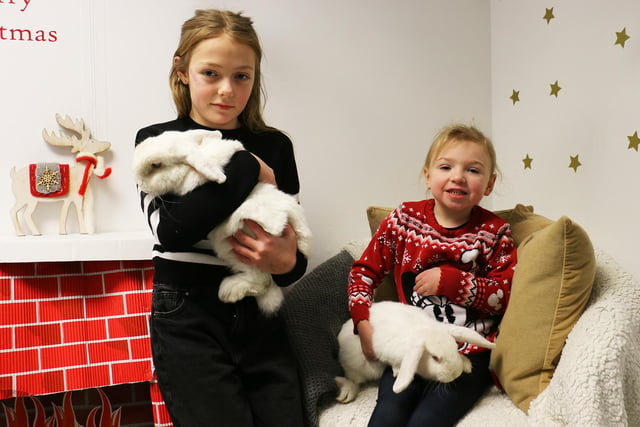 Tabby Hammond-Morris, aged nine, and Lacey Schofield, four, meet some rabbits.