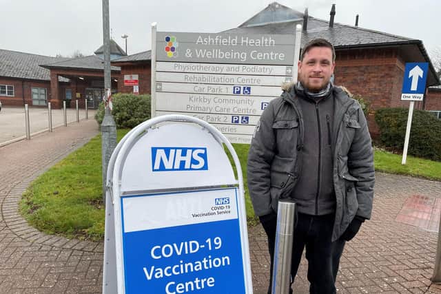 Councillor Dale Grounds outside the vaccination centre at Kirkby Health Village.