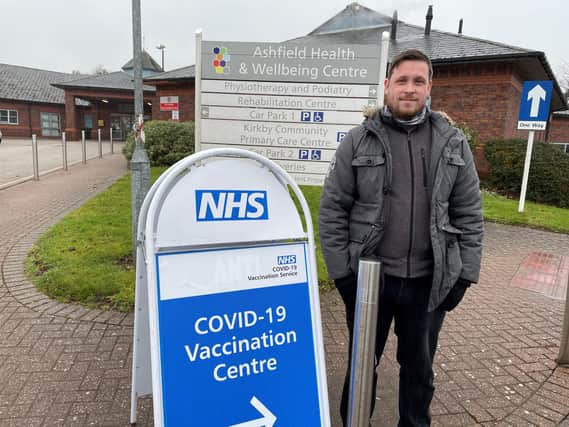 Councillor Dale Grounds outside the vaccination centre at Kirkby Health Village.