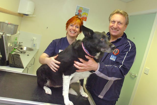 Neil Warnock and Megan, with vet Caroline Munro..at Pets for Vets, Abbeydale Road in 2006