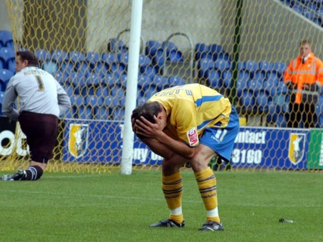 Mansfield Town's Michael Boulding can't believe it as a chance goes begging against Dagenham & Redbridge in 2007.