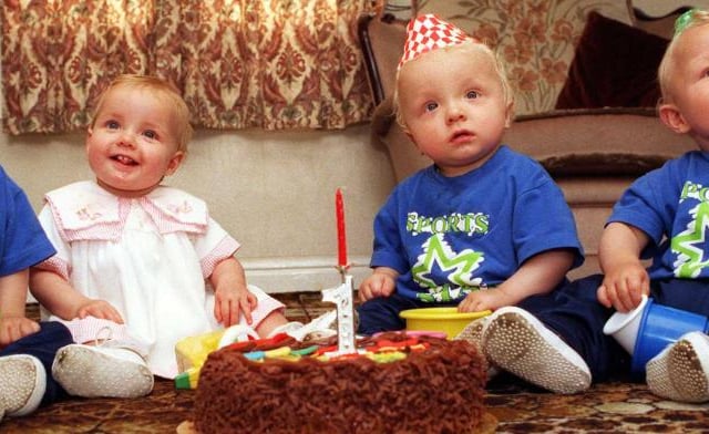 Kirk Sandall quadruplets celebrating their first birthday, 1998.