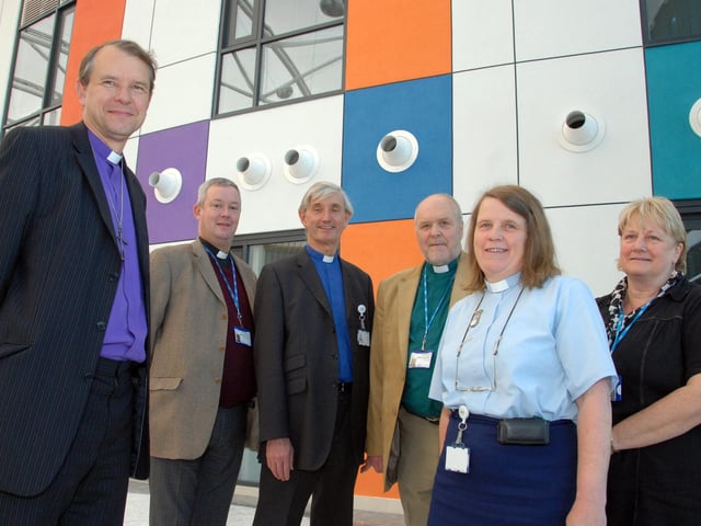 2010. The Rt. Rev. Paul Butler, left, The Bishop of Southwell and Nottingham visited Sutton's King's Mill Hospital to meet with local chaplains, pictured from second left are; Rev. Jeremy Pemberton, Community Health Chaplain, Rev. John Wood, Hospital Chaplain, Rev. Paul Bentley, Trust Chaplain, Rev. Brenda Abbott and Kate Colclough, Assistant Chaplain.