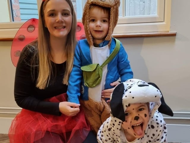 Sienna, 6, as a dalmation, Harrison, 1, as Peter Rabbit and Mummy as a ladybird from The Ladybird that Heard, all from Farnsfield.