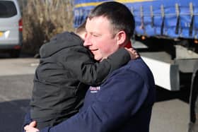 Emotional farewell on Sunday as Mark taylor says goodbye to four year old son Maddox as he leaves on the 1300 mile journey to Poland tpo deliver humanitarian aid to the people of Ukraine on Sunday.