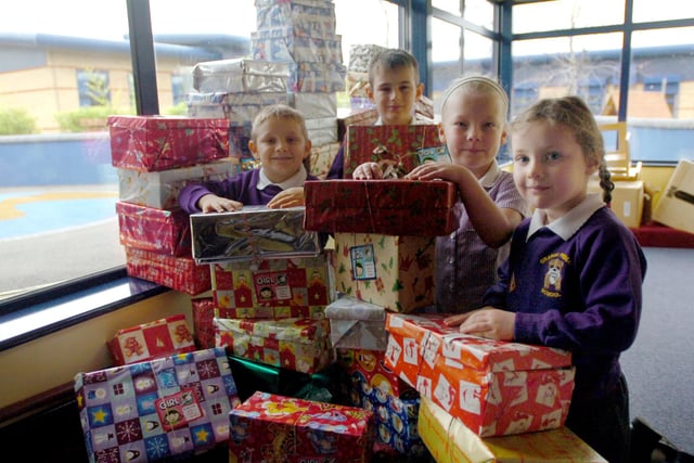 Taylor Stevenson, Ryan Goodacre, Jessica Garthwaite and Charlotte Andrews were doing great work to support the appeal at Grange Primary School in 2008.