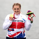 Charlotte Henshaw celebrates her gold medal success.