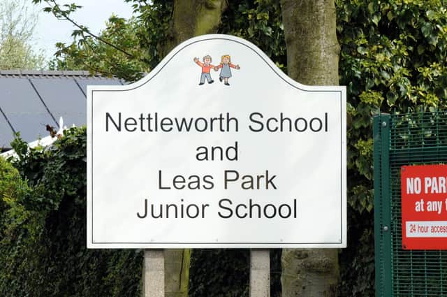 The entrance sign at Leas Park Junior School, Ley Lane, Mansfield Woodhouse.