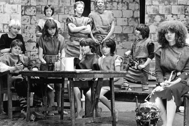 A July 1983 scene showing Harton Comprehensive School pupils during dress rehearsals for a show. Can you remember the show?