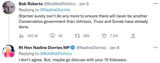 The viral tweets between Nadine Dorries MP and Bob Roberts.