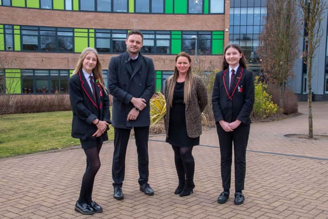Pictured with Ben Bradley on his visit to Samworth are Lisa McVeigh (academy principal) and students Selija Seniauskaite (left) and Jennifer Davis. Photo: Lou Brimble