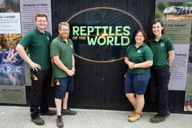 White Post farm opening of new 'Reptiles of the World' attraction. Keepers Tom Costello, Martin Vernon, Elle Knight and Katie Curtis-Hays.