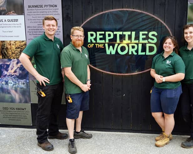 White Post farm opening of new 'Reptiles of the World' attraction. Keepers Tom Costello, Martin Vernon, Elle Knight and Katie Curtis-Hays.