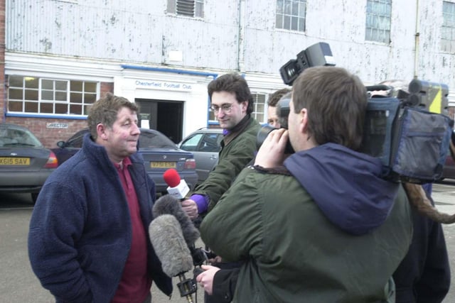 Blues fans talk to the media outside Saltergate in 2001 about the financial problems at the club.