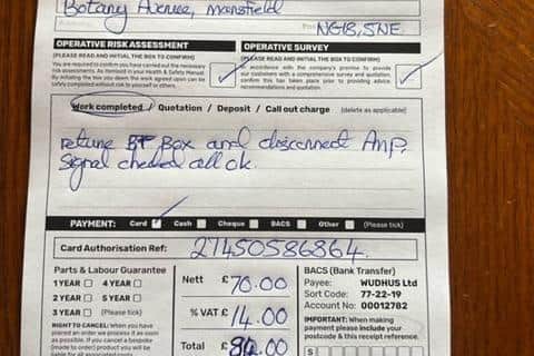 The bill for £84 that Eileen Crossland was landed with to restore her TV reception.
