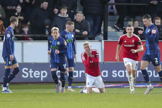 Matty Lund cannot believe he faield to score for Salford on Saturday after a fine save from Mansfield Town keeper Christy Pym. Photo by Chris & Jeanette Holloway/The Bigger Picture.media.
