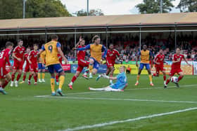 Stags striker Will Swan goes close in Saturday's 3-2 defeat at Crawley Town. Photo by Chris Holloway/The Bigger Picture.media.