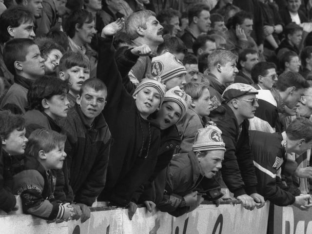 Stags fans cheer their side on against Rochdale.