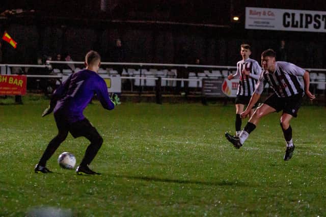 Kyle Crook fires in to make it 3-2 and start the Clipstone fightback. PHOTO: Dan Walker