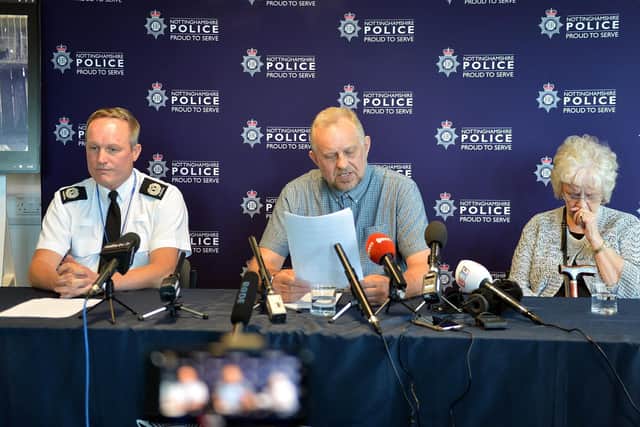 Albert's grandson Russell Lowbridge reads out the family statement, flanked by his mother - Albert's daughter - Julie Swinscoe and  Nottinghamshire Assistant Chief Constable Rob Griffin