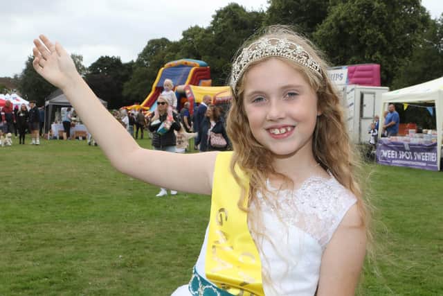 Gala queen, eight-year-old Lucy Corden, declares the Party In The Park event open.