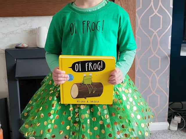 Pixie W Noble five-year-old from Mansfield Woodhouse dressed as Oi Frog.