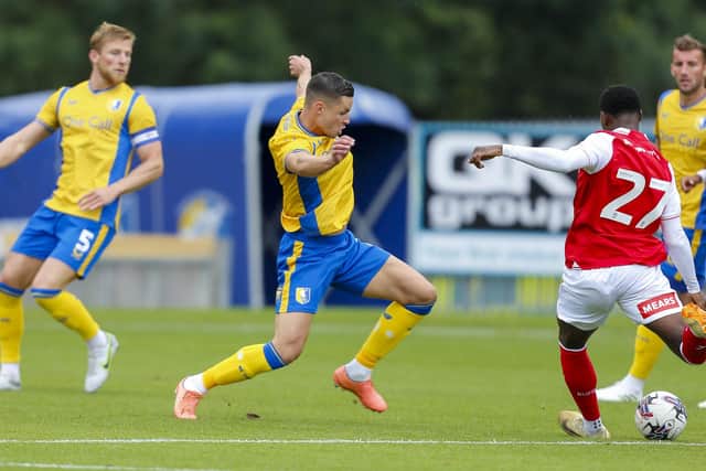 Callum Johnson makes the block in Mansfield Town pre-season match against Rotherham Utd at the One Call Stadium, 22 July 2023  
Photo credit : Chris Holloway / The Bigger Picture.media