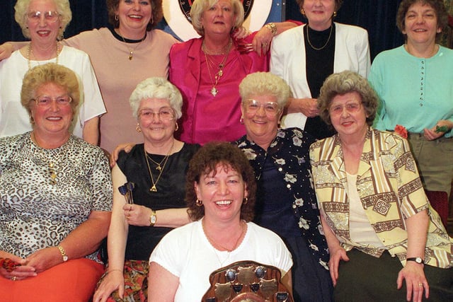 At the 1999 Doncaster Trades club the annual presentation of awards of the Bentley & district Ladies dart league.Pictured league winner The Londesborough club Bentley, at rear from the left, Madge Robinson, Marilyn Taylor, Cyny Phillips, Sheenagh Warman Leri Morton.
centre from the left Jean Williams, Ann Parker, Joan Atkinson, Connie Harrison, in front with the shield captain Karen Benger.