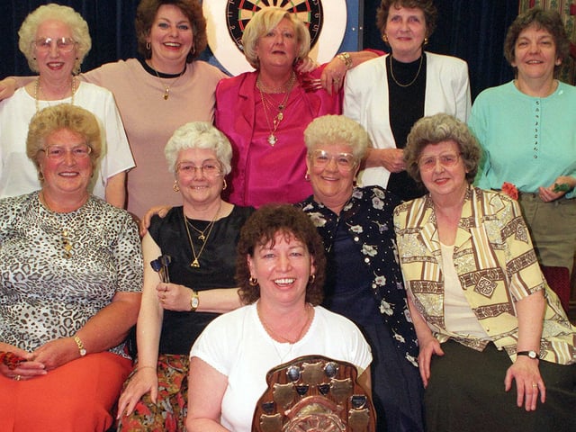 At the 1999 Doncaster Trades club the annual presentation of awards of the Bentley & district Ladies dart league.Pictured league winner The Londesborough club Bentley, at rear from the left, Madge Robinson, Marilyn Taylor, Cyny Phillips, Sheenagh Warman Leri Morton.
centre from the left Jean Williams, Ann Parker, Joan Atkinson, Connie Harrison, in front with the shield captain Karen Benger.