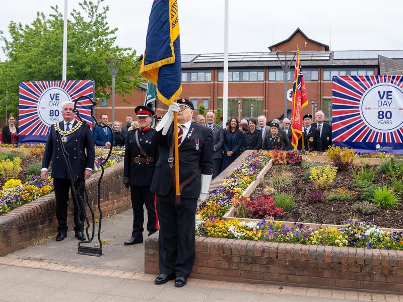 Following a period of reflection and prayer at Ashfield District Council, a new commemorative flag has been raised outside the Urban Road council building to mark the 80th anniversary of VE Day